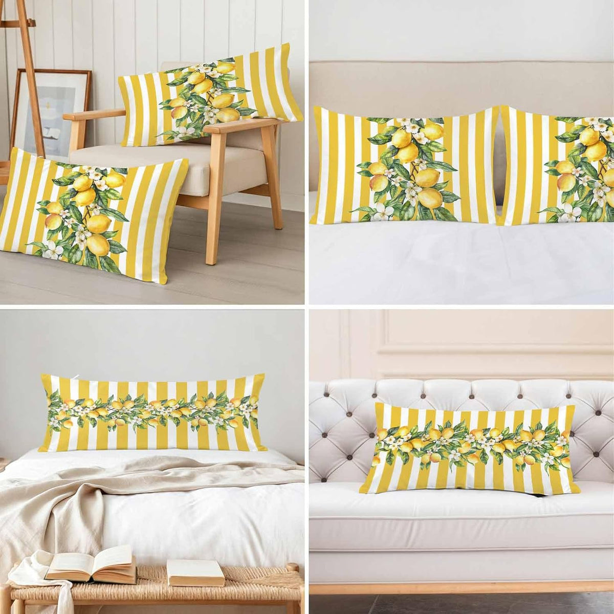 Yellow Lemon Floral Leaf King Standard Pillow Cases Set of 2, Vertical Stripe Satin Pillow Case Cover with Smooth Hidden Zipper Closure, Soft Throw Pillow Covers Cases for Home Decor 20X36 Inch