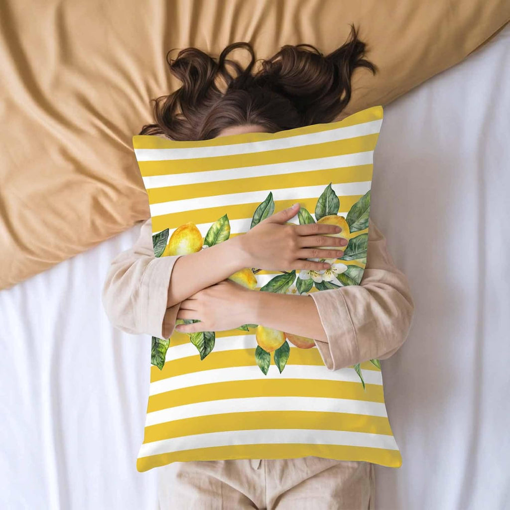 Yellow Lemon Floral Leaf King Standard Pillow Cases Set of 2, Vertical Stripe Satin Pillow Case Cover with Smooth Hidden Zipper Closure, Soft Throw Pillow Covers Cases for Home Decor 20X36 Inch