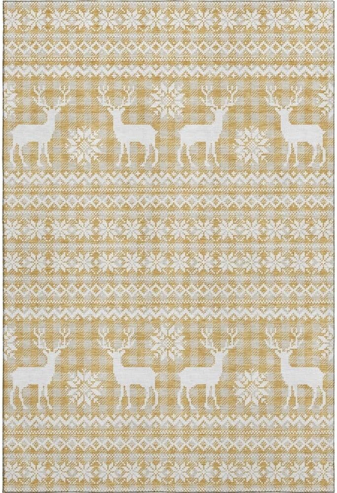 Holiday Festive Theme Soft Plush Thick Pile Christmas Area Rug 9' x 12' | Winter Cheer Xmas Playful Deer Snowflakes Plaid Patterns Gold Yellow White Color | Washable Nonslip Indoor Outdoor Rugs