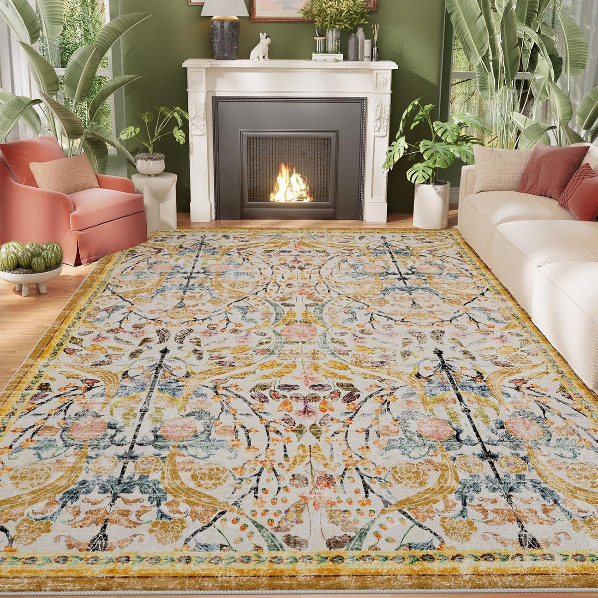 8x10 Washable Area Rugs for Living Room, Non-Slip&Non-Shedding Large Soft Boho Floral Vintage Print Carpet for Bedroom Dining Room Farmhouse Nursery Kids Room Home Office, Golden Yellow