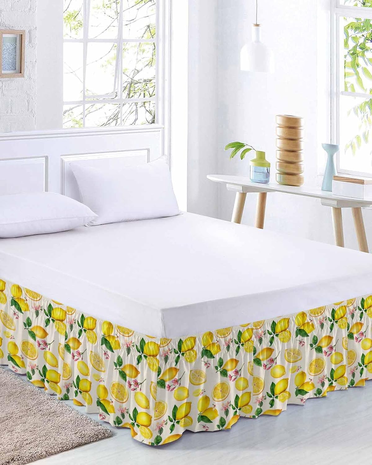 Yellow Lemons Bed Skirt Queen Size 16 Inch Drop, Adjustable Elastic Wrap Around Bed Skirts Easy Fitting Dust Ruffle Bedskirt Bed Frame Cover Farmhouse Summer Botanical Leaves Flowers