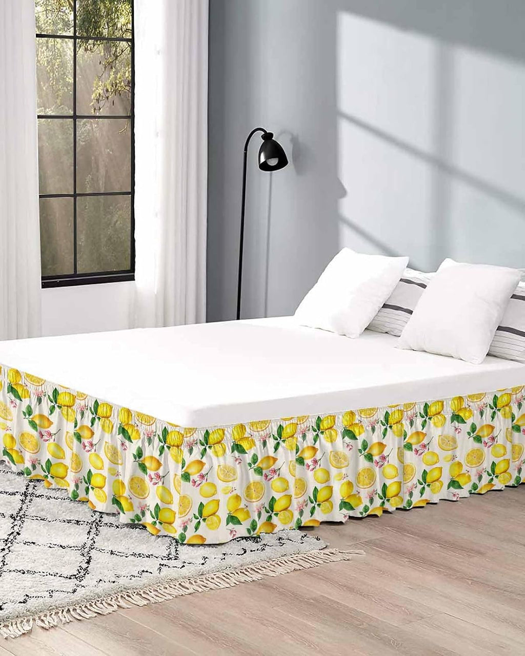 Yellow Lemons Bed Skirt Queen Size 16 Inch Drop, Adjustable Elastic Wrap Around Bed Skirts Easy Fitting Dust Ruffle Bedskirt Bed Frame Cover Farmhouse Summer Botanical Leaves Flowers