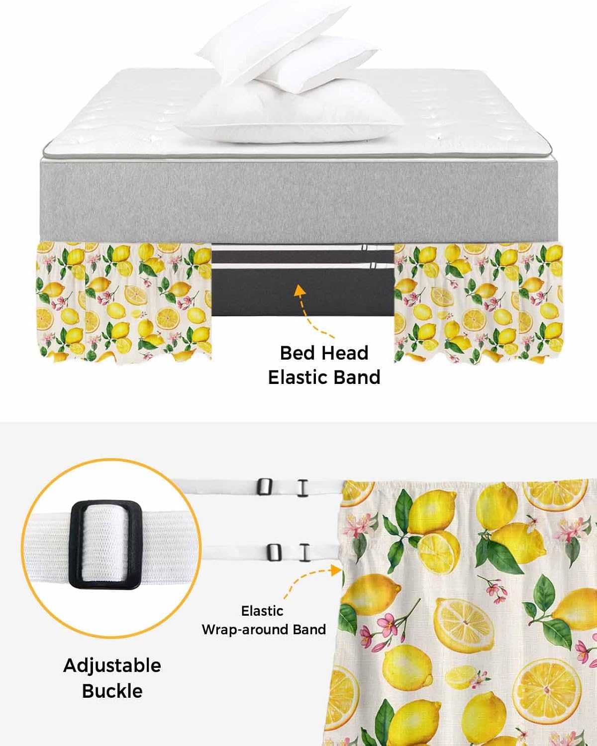 Yellow Lemons Bed Skirt Queen Size 16 Inch Drop, Adjustable Elastic Wrap Around Bed Skirts Easy Fitting Dust Ruffle Bedskirt Bed Frame Cover Farmhouse Summer Botanical Leaves Flowers