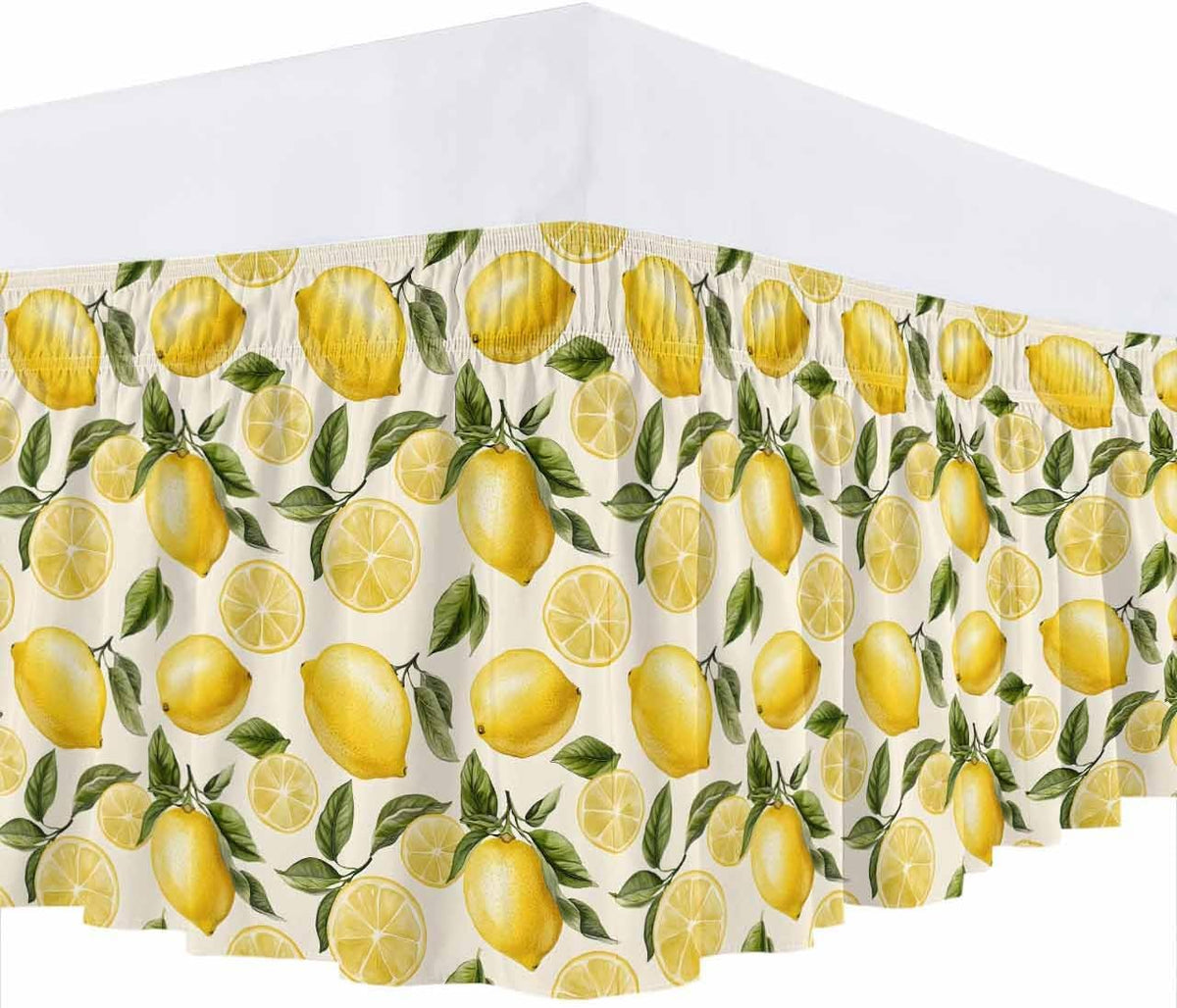 Bed Skirt Yellow Green Lemon Ruffle Bed Skirt Wrap Around Bed Skirts for Queen Beds 16" Drop,Adjustable Elastic Dust Ruffles Easy Fit and Wrinkle-Free