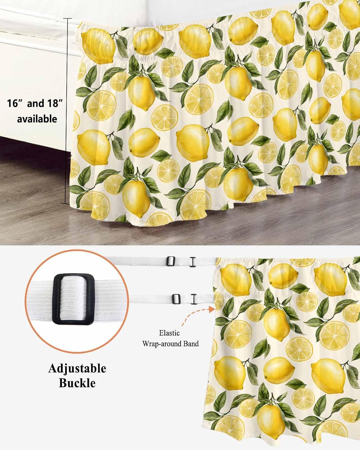 Bed Skirt Yellow Green Lemon Ruffle Bed Skirt Wrap Around Bed Skirts for Queen Beds 16" Drop,Adjustable Elastic Dust Ruffles Easy Fit and Wrinkle-Free