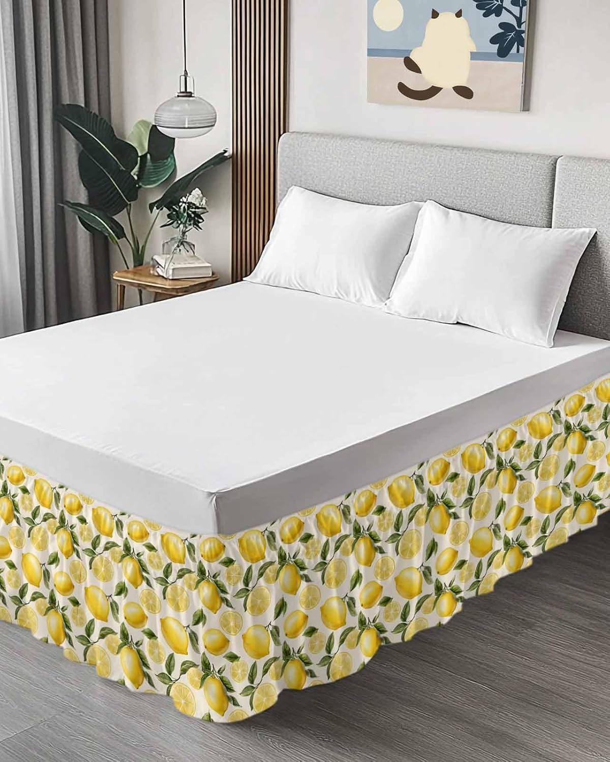 Bed Skirt Yellow Green Lemon Ruffle Bed Skirt Wrap Around Bed Skirts for Queen Beds 16" Drop,Adjustable Elastic Dust Ruffles Easy Fit and Wrinkle-Free