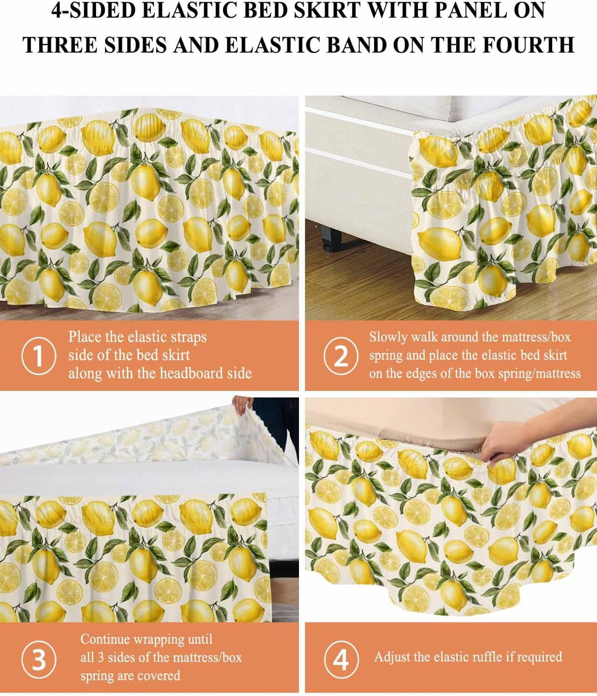 Bed Skirt Yellow Green Lemon Ruffle Bed Skirt Wrap Around Bed Skirts for Queen Beds 16" Drop,Adjustable Elastic Dust Ruffles Easy Fit and Wrinkle-Free