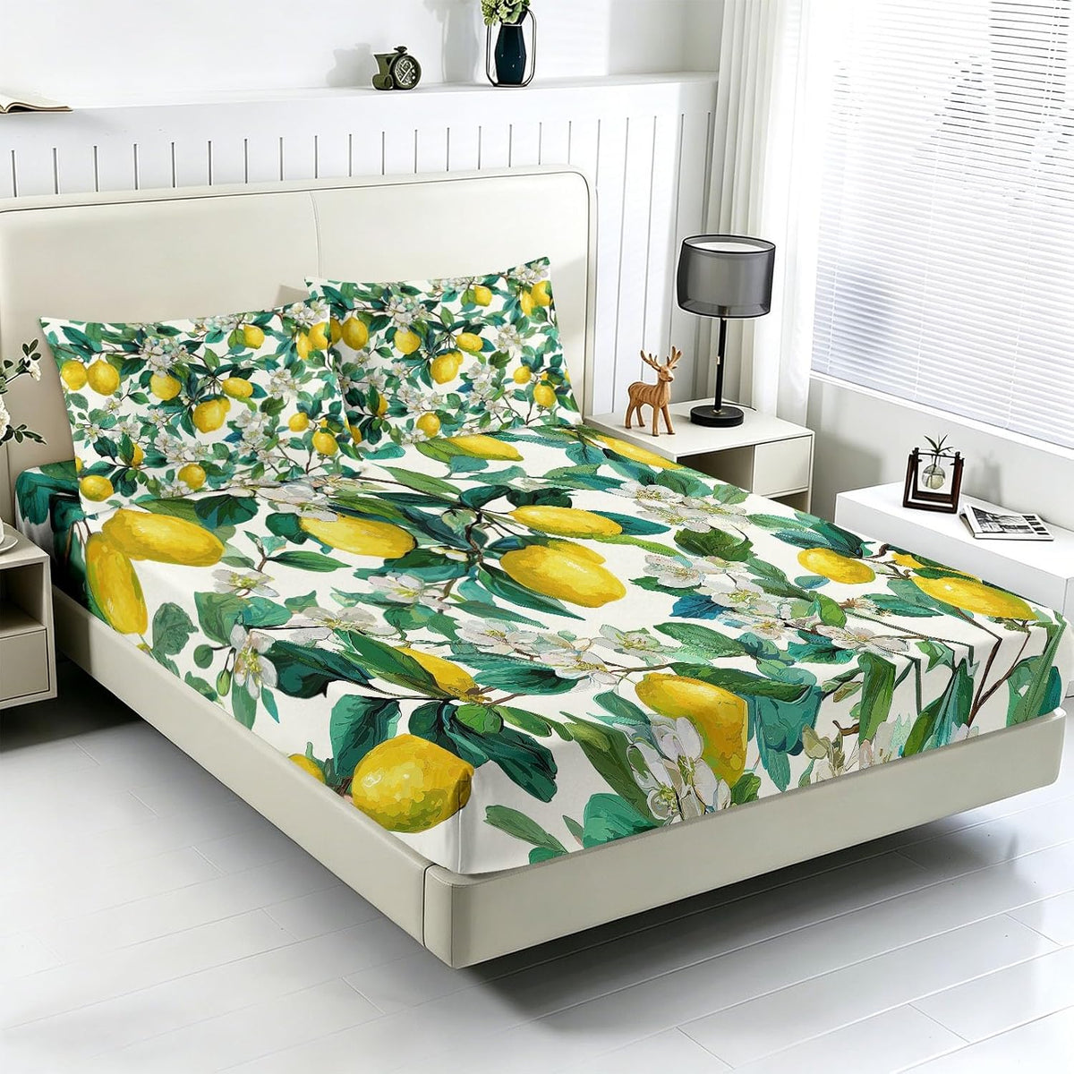 King Size Sheet Set Fruits Floral – 4 Piece Bed Sheets Fresh Yellow Lemons White Flowers, Soft Microfiber, Includes 1 Fitted Sheet, 1 Flat Sheet and 2 Pillowcases, for Guest Room, Yellow White