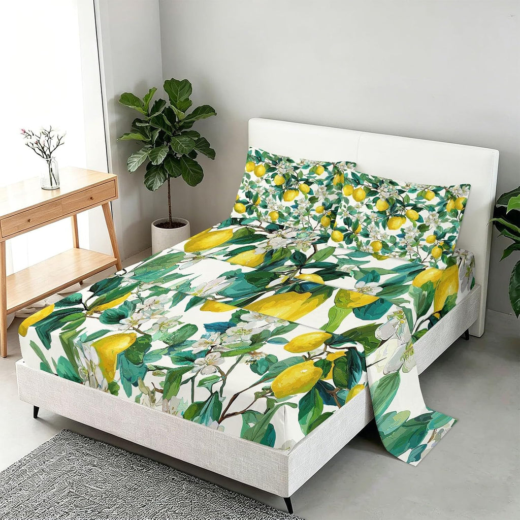 King Size Sheet Set Fruits Floral – 4 Piece Bed Sheets Fresh Yellow Lemons White Flowers, Soft Microfiber, Includes 1 Fitted Sheet, 1 Flat Sheet and 2 Pillowcases, for Guest Room, Yellow White