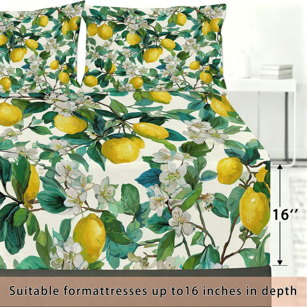 King Size Sheet Set Fruits Floral – 4 Piece Bed Sheets Fresh Yellow Lemons White Flowers, Soft Microfiber, Includes 1 Fitted Sheet, 1 Flat Sheet and 2 Pillowcases, for Guest Room, Yellow White