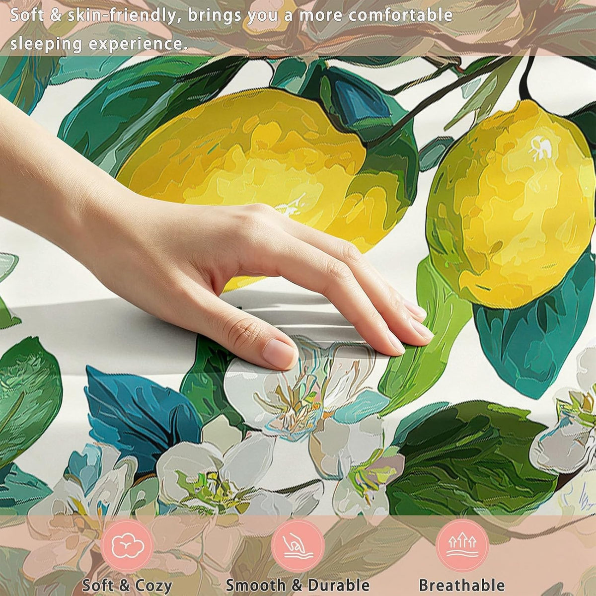King Size Sheet Set Fruits Floral – 4 Piece Bed Sheets Fresh Yellow Lemons White Flowers, Soft Microfiber, Includes 1 Fitted Sheet, 1 Flat Sheet and 2 Pillowcases, for Guest Room, Yellow White