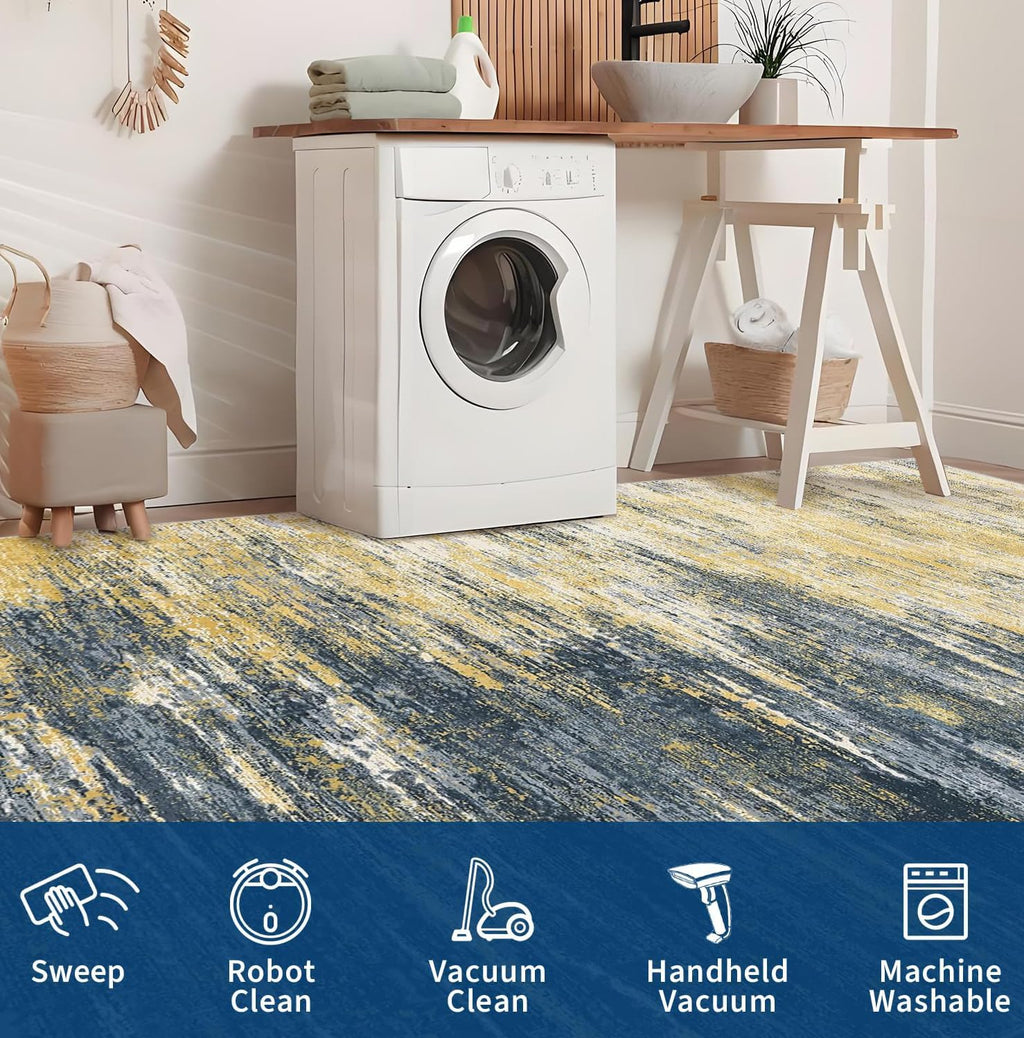 Boho Abstract Modern Rug 2x3 Washable Wool Yellow Grey Area Rugs for Bedroom Dining Room Living Room Home Office Non Slip Artistic Playroom Statement Large Carpet Soft Thick Indoor Mat