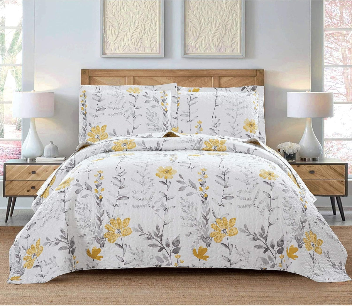 3 Pcs King Size Yellow White Flower Bedding Quilts Lightweight Summer Bedspread Floral Daybed Cover Vintage Plant Garden Coverlet Blanket 106"x96" Quilt with 2 King Pillow Shams