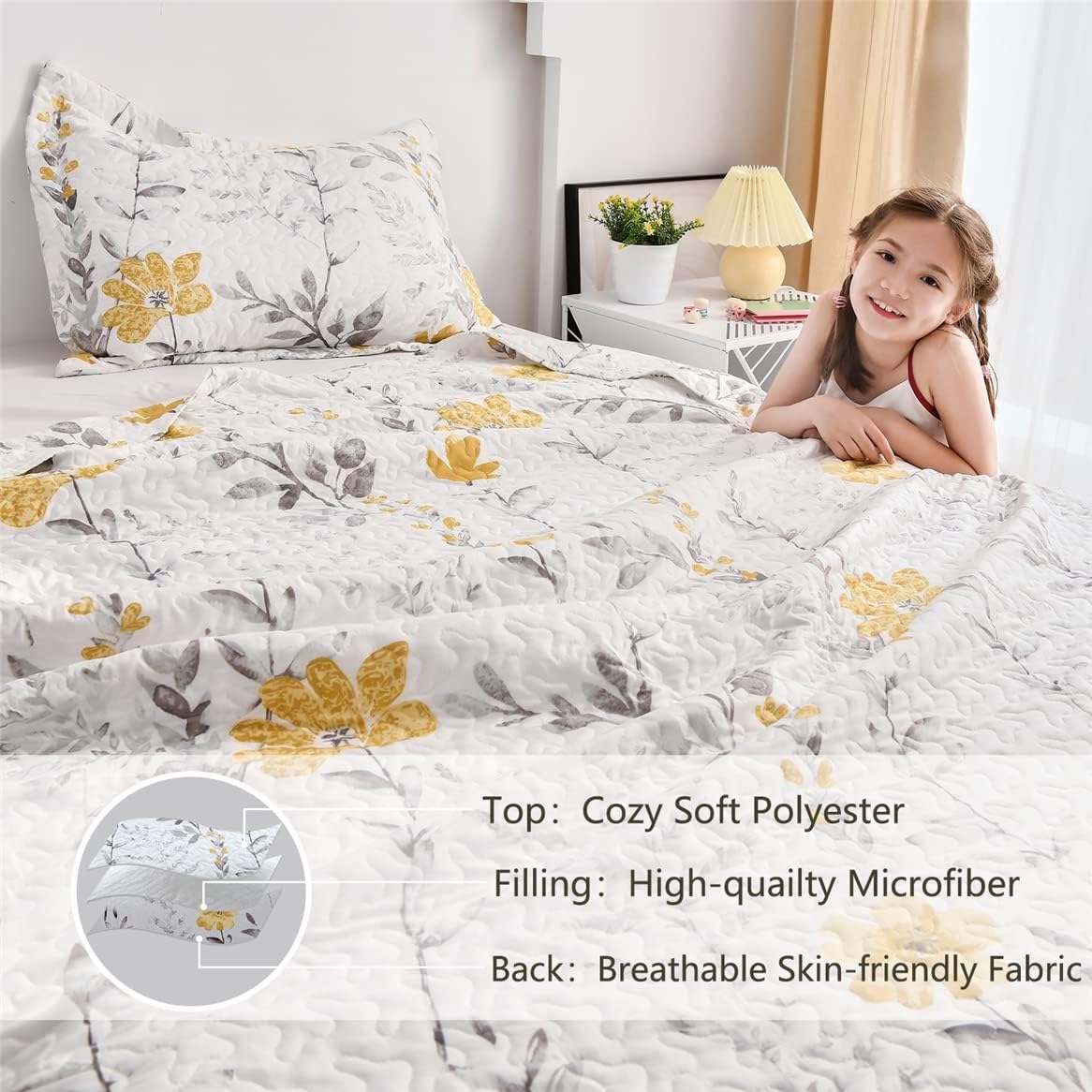 3 Pcs King Size Yellow White Flower Bedding Quilts Lightweight Summer Bedspread Floral Daybed Cover Vintage Plant Garden Coverlet Blanket 106"x96" Quilt with 2 King Pillow Shams