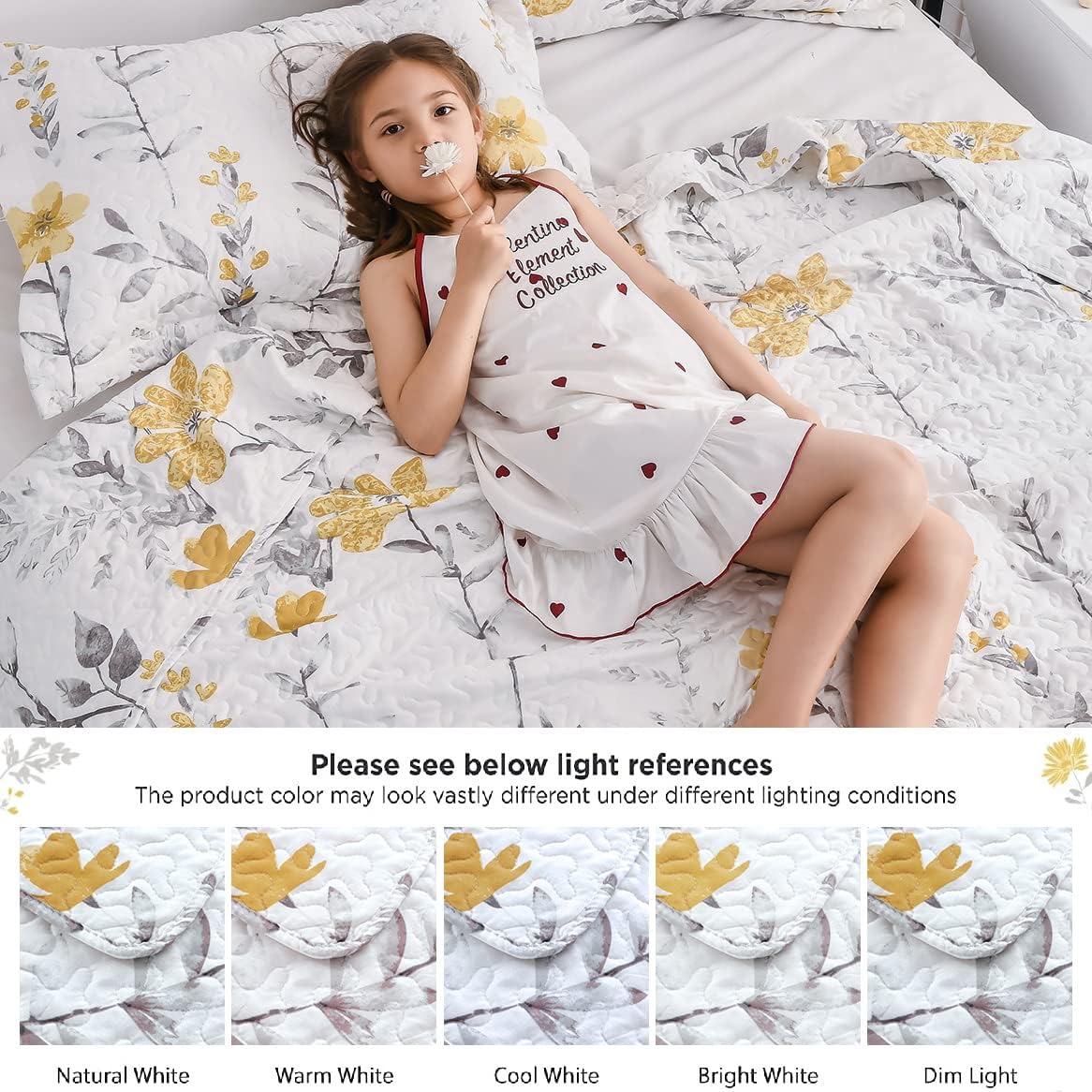 3 Pcs King Size Yellow White Flower Bedding Quilts Lightweight Summer Bedspread Floral Daybed Cover Vintage Plant Garden Coverlet Blanket 106"x96" Quilt with 2 King Pillow Shams