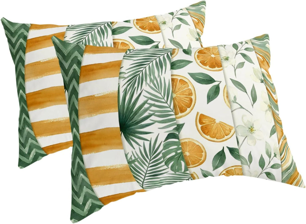 Yellow Lemons Pillow Cases Standard Size Set of 2 - Microfiber Bed Throw Pillow Covers, Summer Botanical Green Leaves Fruits Striped Decorative Lumbar Pillow Cover with Envelope Closure 20"x26"