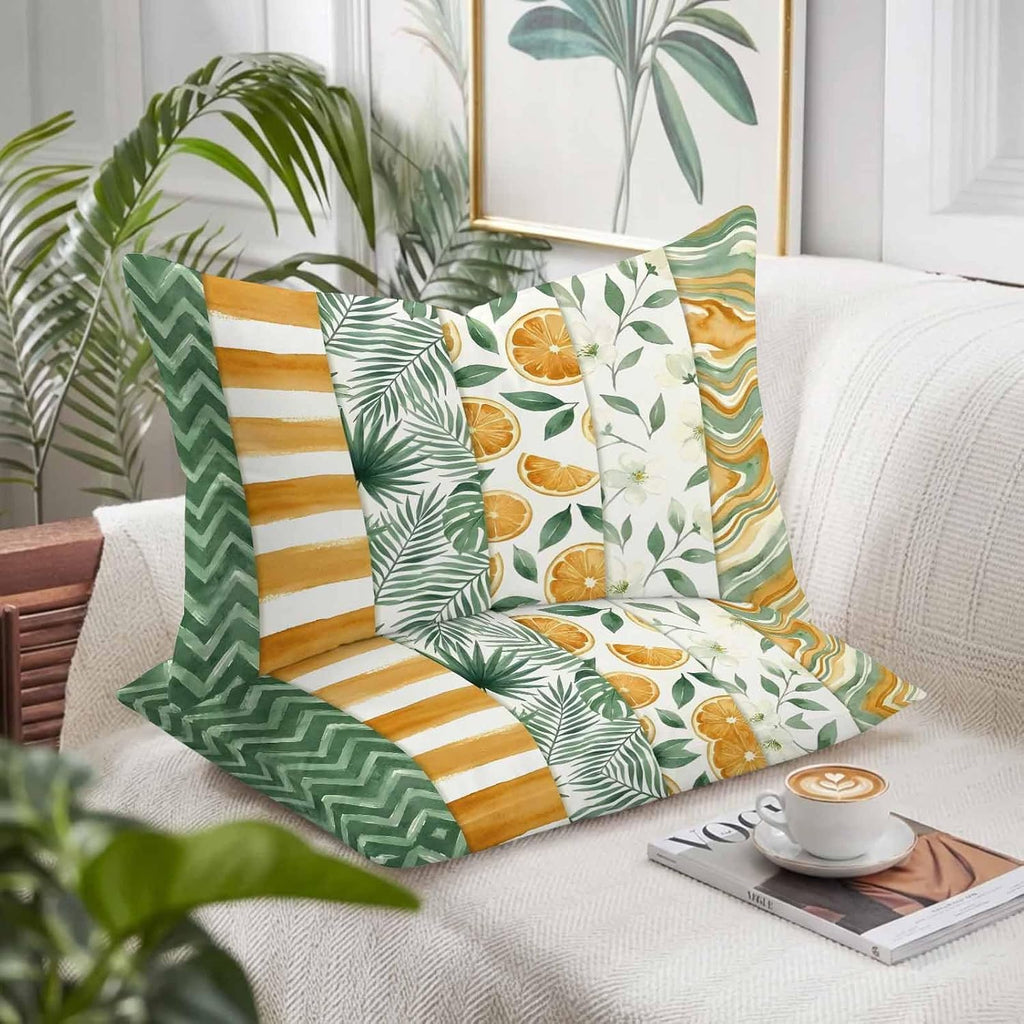 Yellow Lemons Pillow Cases Standard Size Set of 2 - Microfiber Bed Throw Pillow Covers, Summer Botanical Green Leaves Fruits Striped Decorative Lumbar Pillow Cover with Envelope Closure 20"x26"