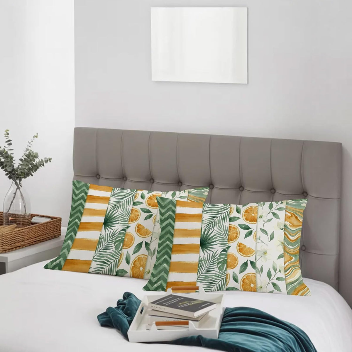 Yellow Lemons Pillow Cases Standard Size Set of 2 - Microfiber Bed Throw Pillow Covers, Summer Botanical Green Leaves Fruits Striped Decorative Lumbar Pillow Cover with Envelope Closure 20"x26"