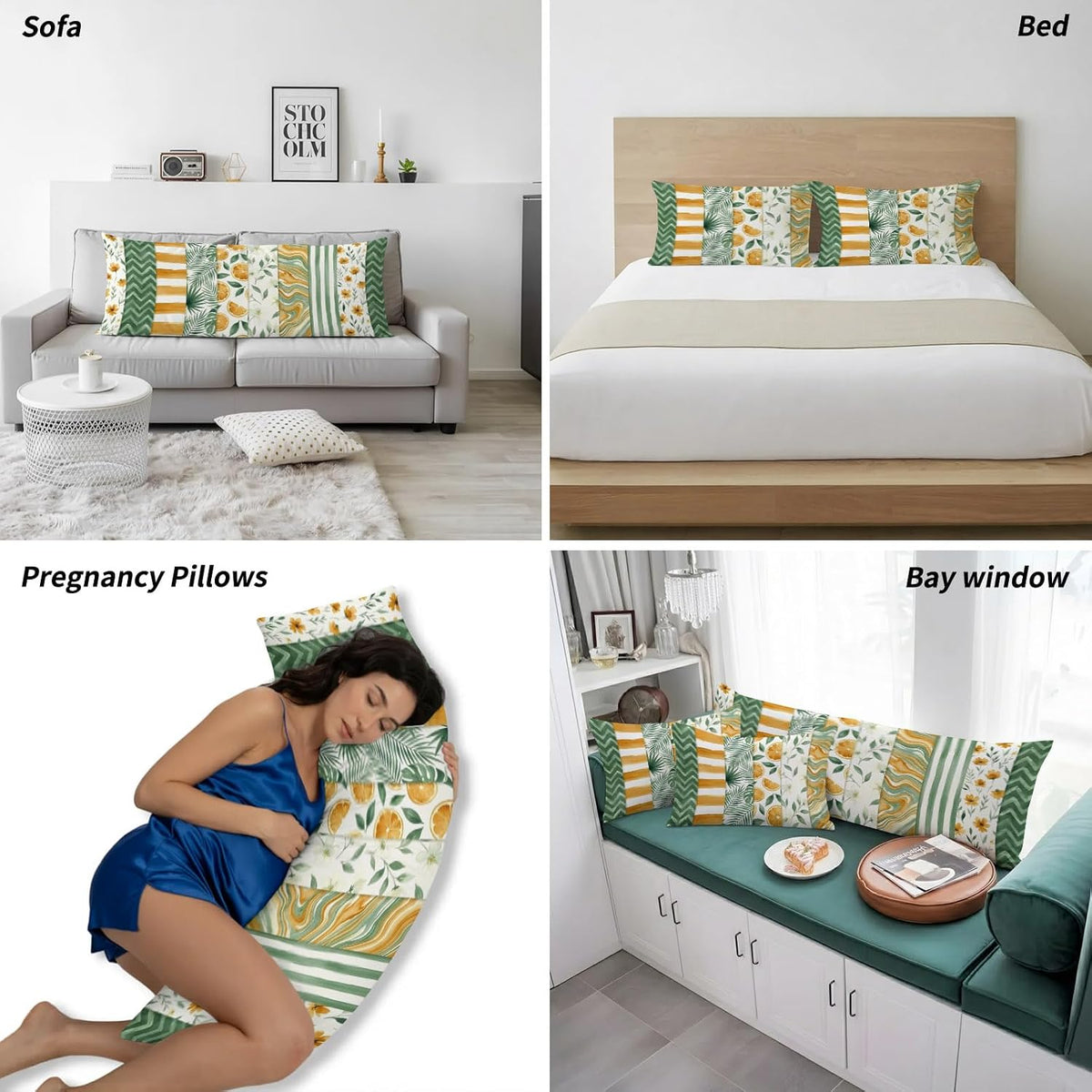 Yellow Lemons Pillow Cases Standard Size Set of 2 - Microfiber Bed Throw Pillow Covers, Summer Botanical Green Leaves Fruits Striped Decorative Lumbar Pillow Cover with Envelope Closure 20"x26"