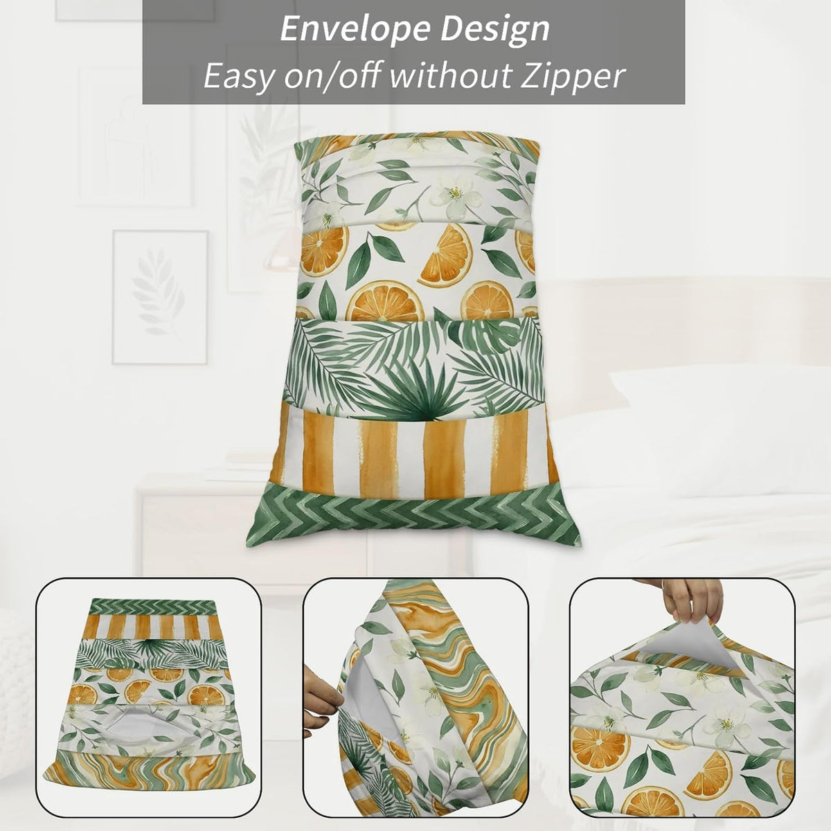 Yellow Lemons Pillow Cases Standard Size Set of 2 - Microfiber Bed Throw Pillow Covers, Summer Botanical Green Leaves Fruits Striped Decorative Lumbar Pillow Cover with Envelope Closure 20"x26"