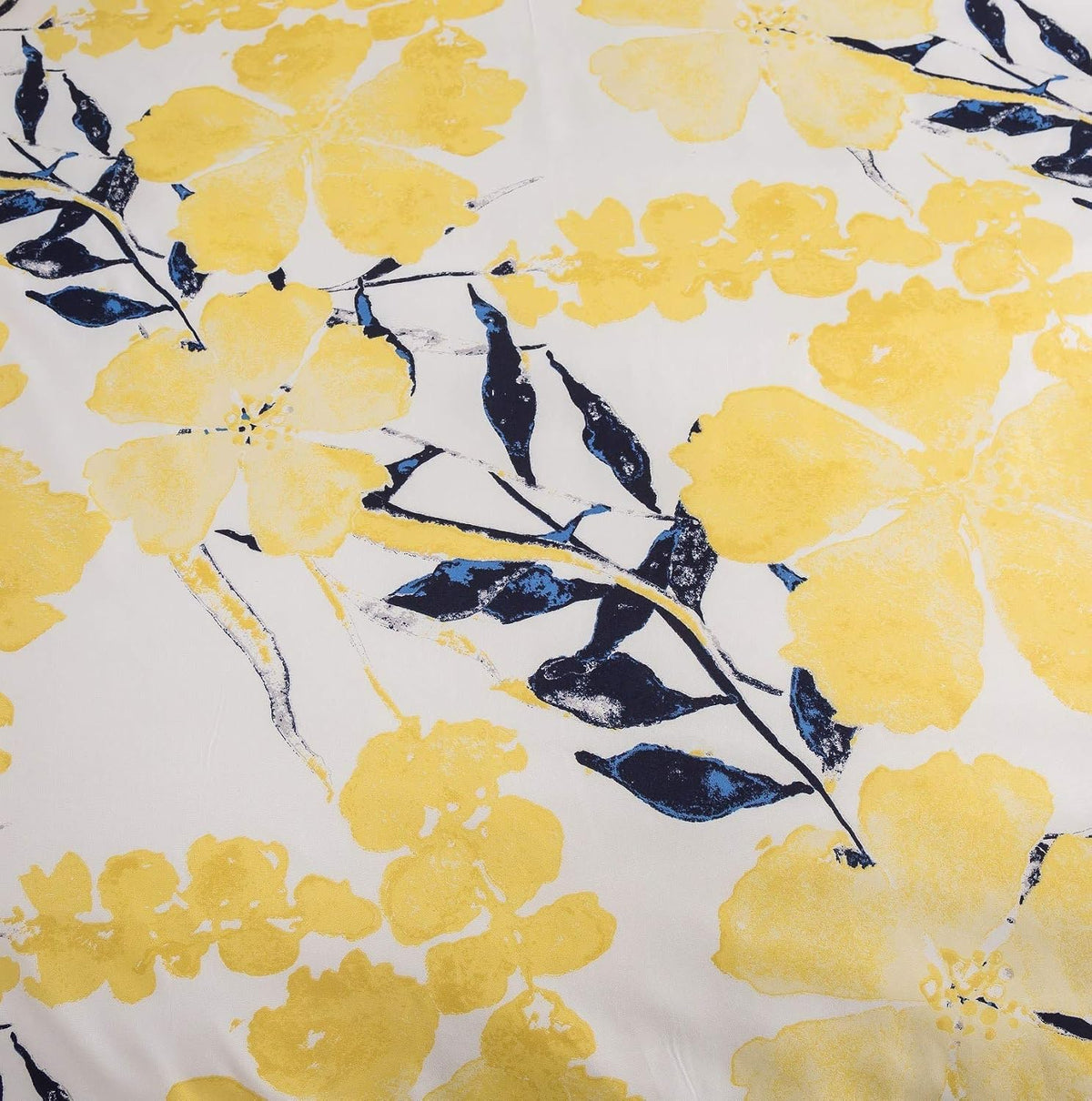 Tache Contemporary Watercolor Nature Spring Print Leaves Floral Bright Light Yellow Ivory Black Navy Blue Soft Microfiber Top Flat Sheet, King