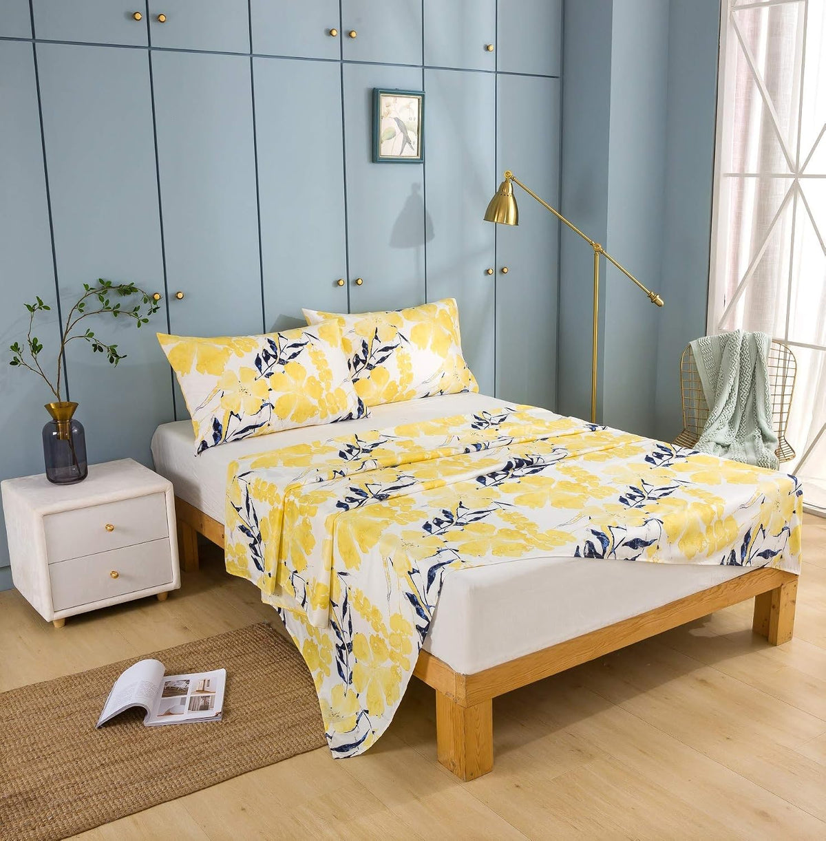 Tache Contemporary Watercolor Nature Spring Print Leaves Floral Bright Light Yellow Ivory Black Navy Blue Soft Microfiber Top Flat Sheet, King
