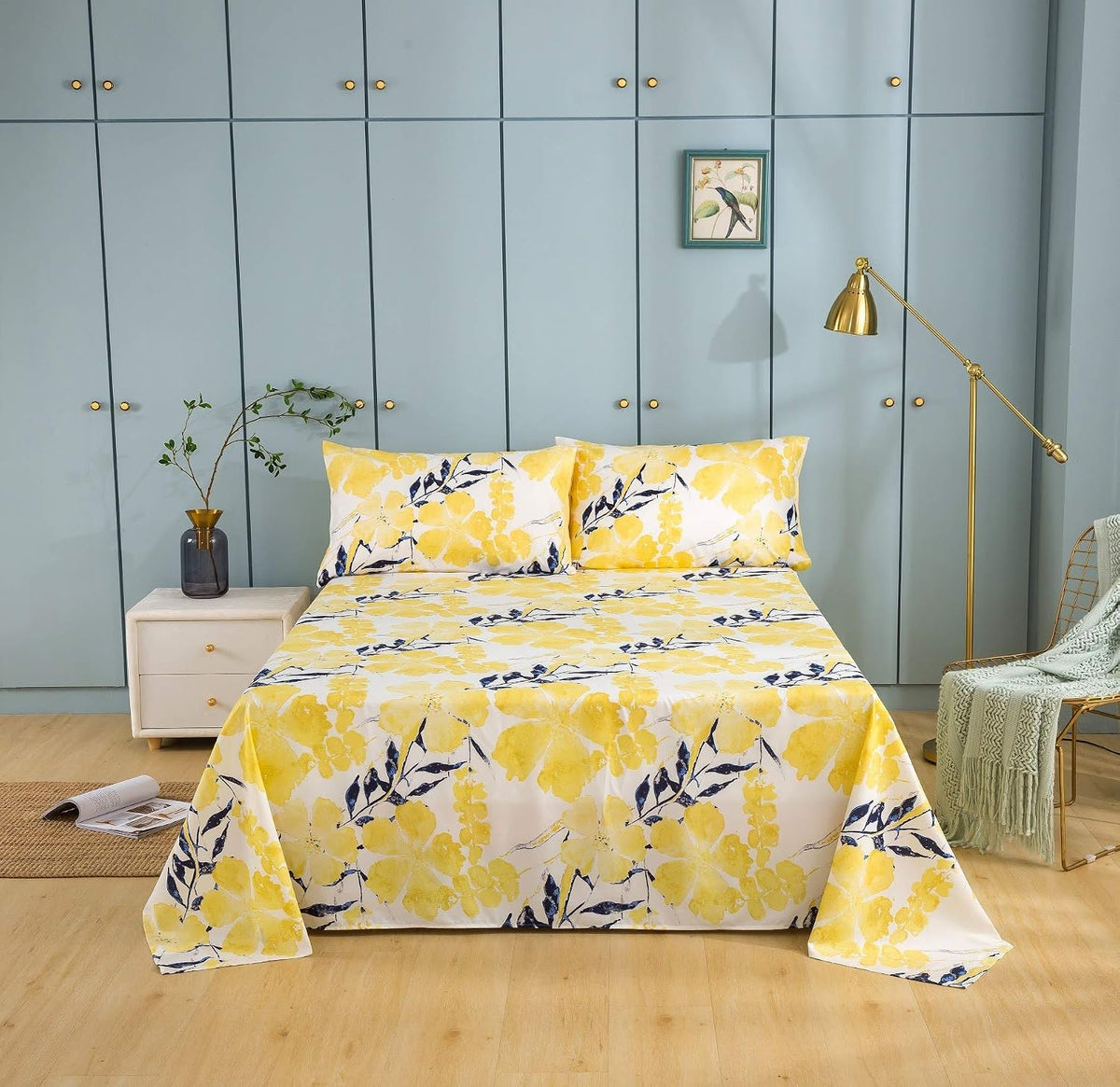 Tache Contemporary Watercolor Nature Spring Print Leaves Floral Bright Light Yellow Ivory Black Navy Blue Soft Microfiber Top Flat Sheet, King