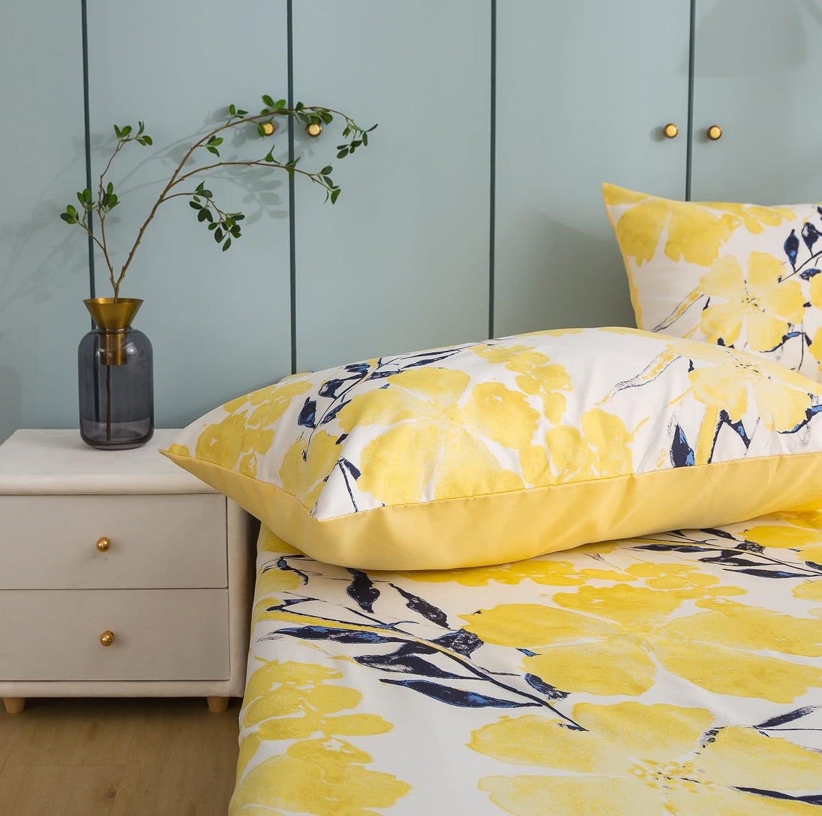 Tache Contemporary Watercolor Nature Spring Print Leaves Floral Bright Light Yellow Ivory Black Navy Blue Soft Microfiber Top Flat Sheet, King