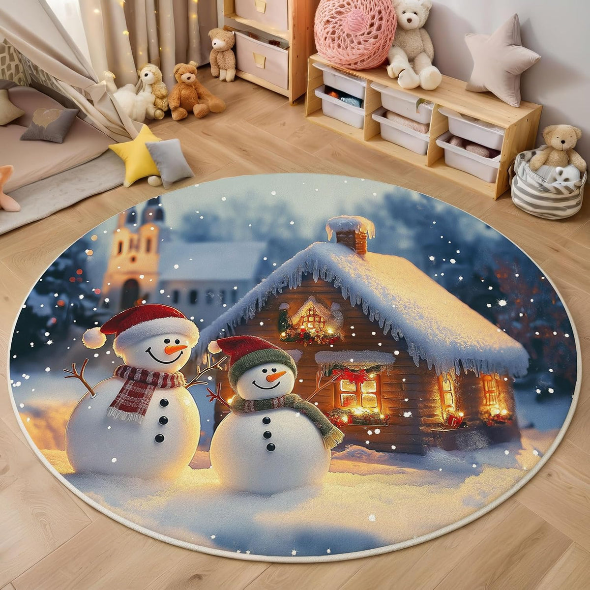 Round Area Rug 3Ft Winter Theme, Washable Yellow Blue Rug for Bedroom, Low-Pile Soft Round Carpet for Living Room, Ideal for High Traffic Areas in Entryway