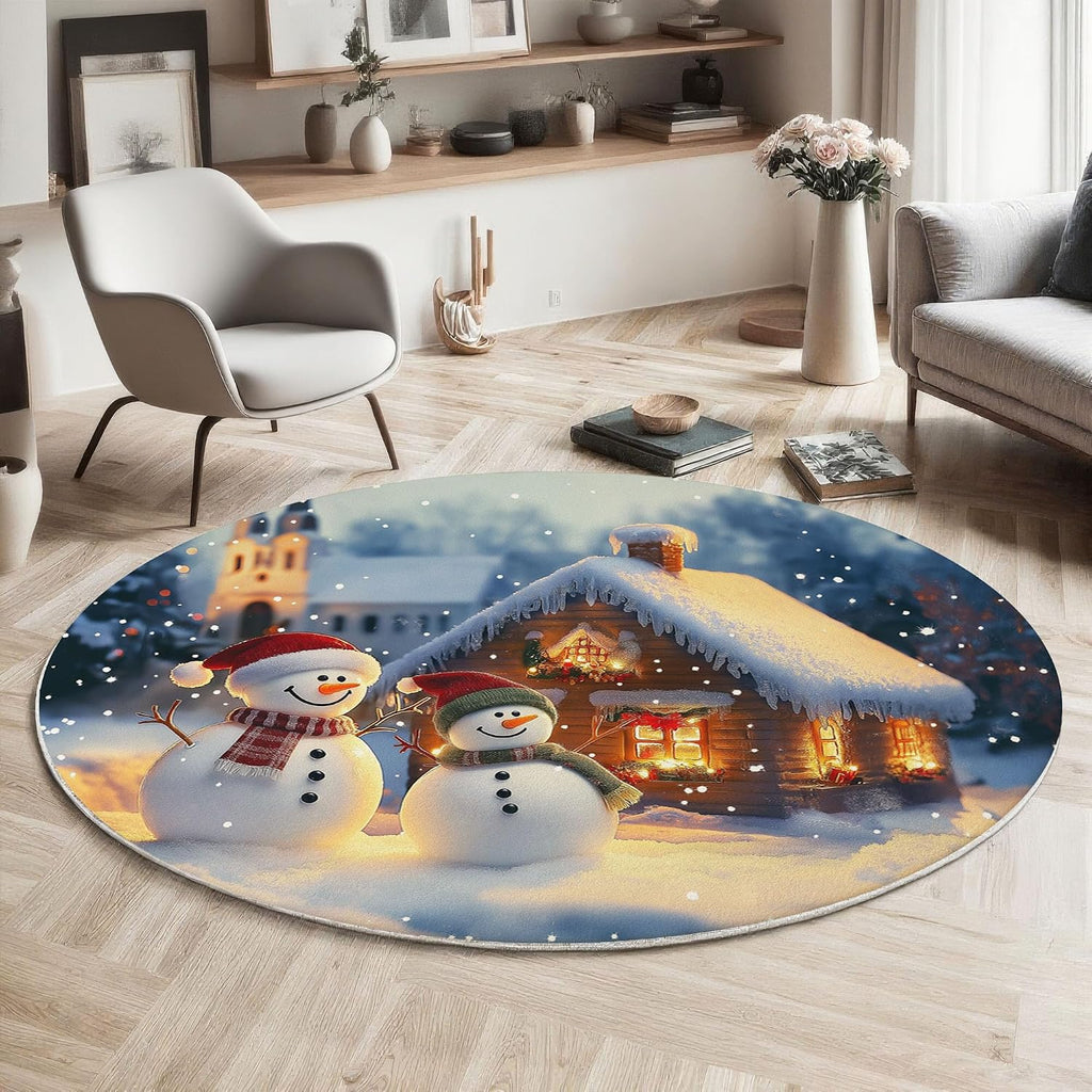 Round Area Rug 3Ft Winter Theme, Washable Yellow Blue Rug for Bedroom, Low-Pile Soft Round Carpet for Living Room, Ideal for High Traffic Areas in Entryway