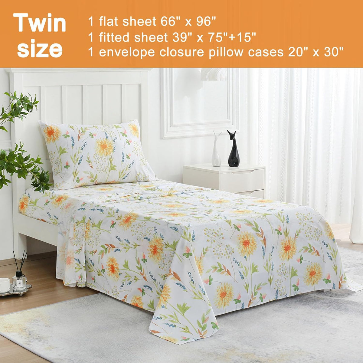 Boho Floral Printed Twin Sheet Set Extra Deep Pocket