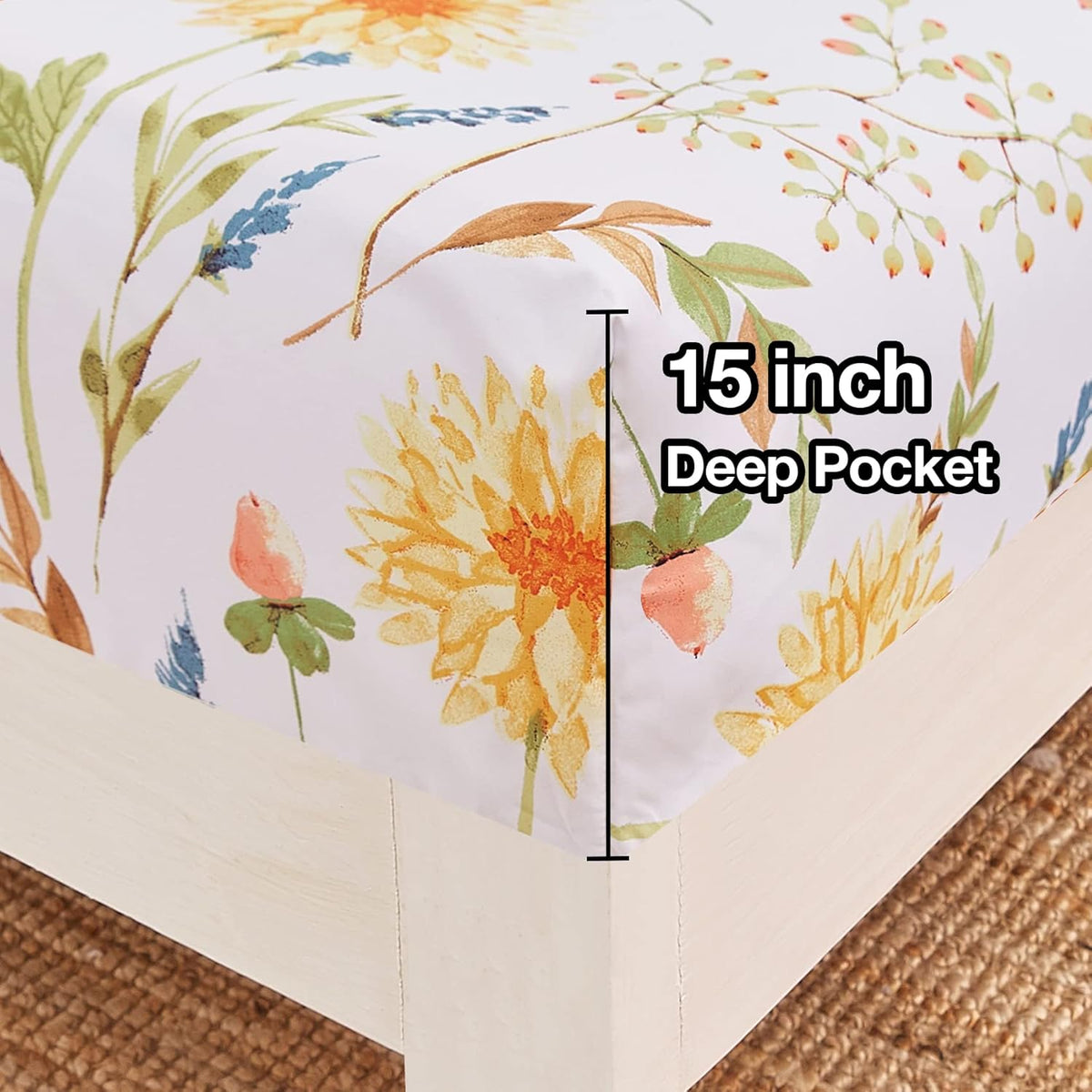 Boho Floral Printed Twin Sheet Set Extra Deep Pocket