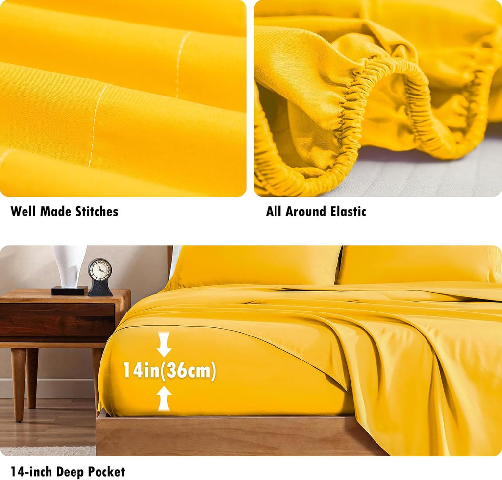 Queen Sheets Set, 4-Piece Fitted Queen Sheets, Mustard