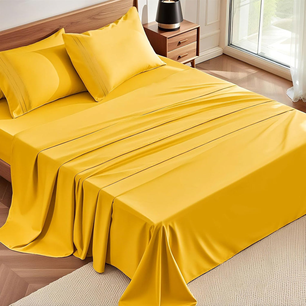 Queen Sheets Set, 4-Piece Fitted Queen Sheets, Mustard