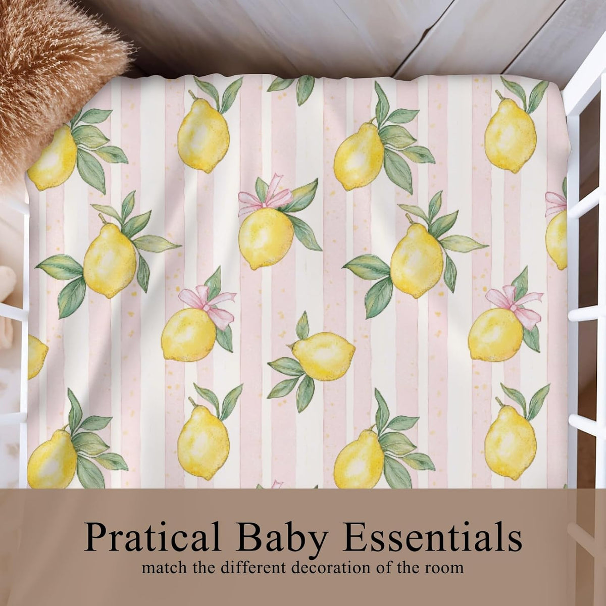 Cute Lemon Bows Pink Stripe Fitted Baby Crib Sheet for Boys Girls 52x28x9 in Yellow Lemons Leaves Baby Sheet for Standard Crib and Toddler Mattress Summer Fruit Bed Sheet