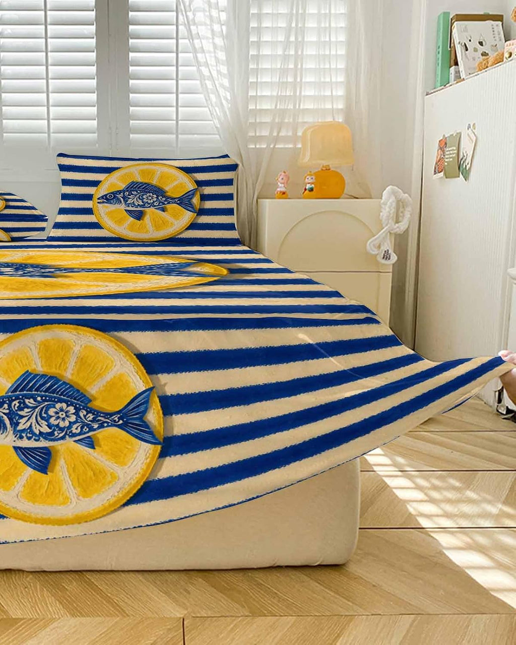 Ruffle Bed Skirt Full, Blue Fish Yellow Lemon Soft Microfiber Fitted Bedding Sheet Bedskirt 18 Inch Drop, Blue White Striped Elastic Wrap Around Bed Skirt Pillowcases Set