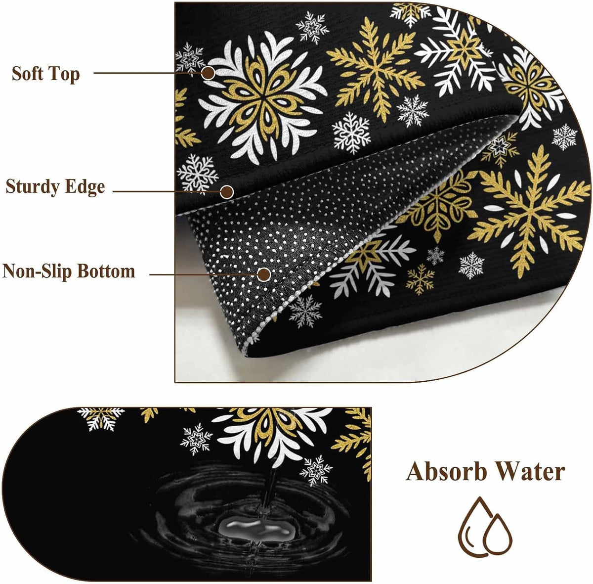 Retro Yellow Snowflake 2x3 Area Rugs for Living Room, Winter Christmas Black Background Non Slip Floor Mat Washable Low-Profile Indoor Carpet for Bedroom, Dining Room, Bathroom
