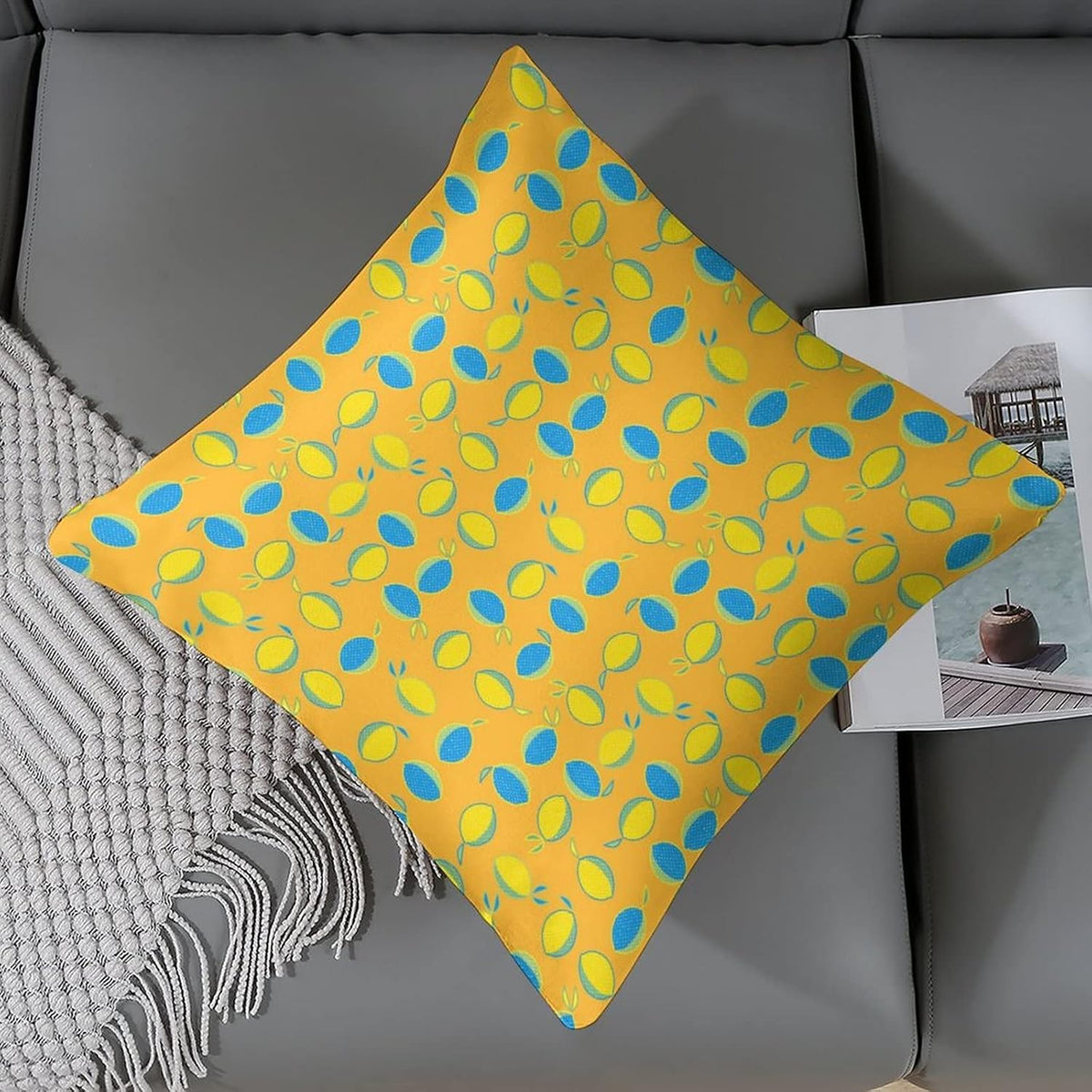Yellow Lemon Satin Modern Cushion Case Summer Lemon Decorative Throw Pillow Covers Hidden Zipper 16"x16" Decorative Pillow Covers for Sofa Bed Party Satin Pillowcase for Hair and Skin
