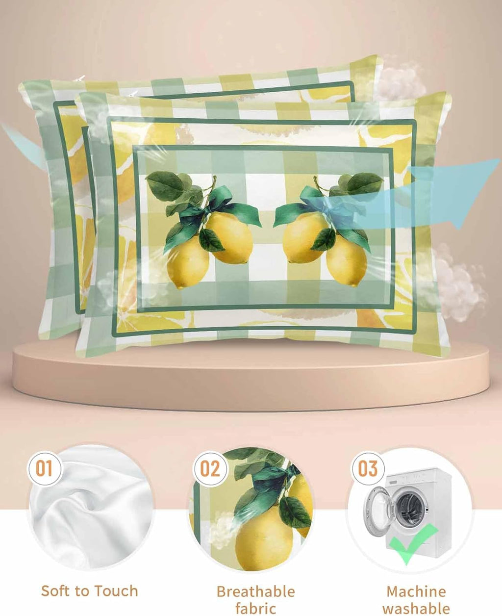 Lemon Pillow Cases Standard Size Set of 2, Satin Pillowcase for Hair and Skin, Botanical Fruit Leaves Bow Yellow Green Striped Throw Pillow Covers Cooling Pillow Protector with Zipper 20"x26"x2