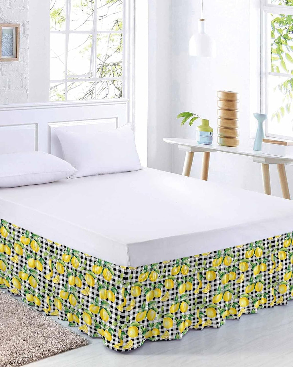 Lemon Yellow Bed Skirt Queen Size 16 Inch Drop, Adjustable Elastic Wrap Around Bed Skirts Easy Fitting Dust Ruffle Bedskirt Bed Frame Cover Watercolor Fruit Black White Buffalo Plaid