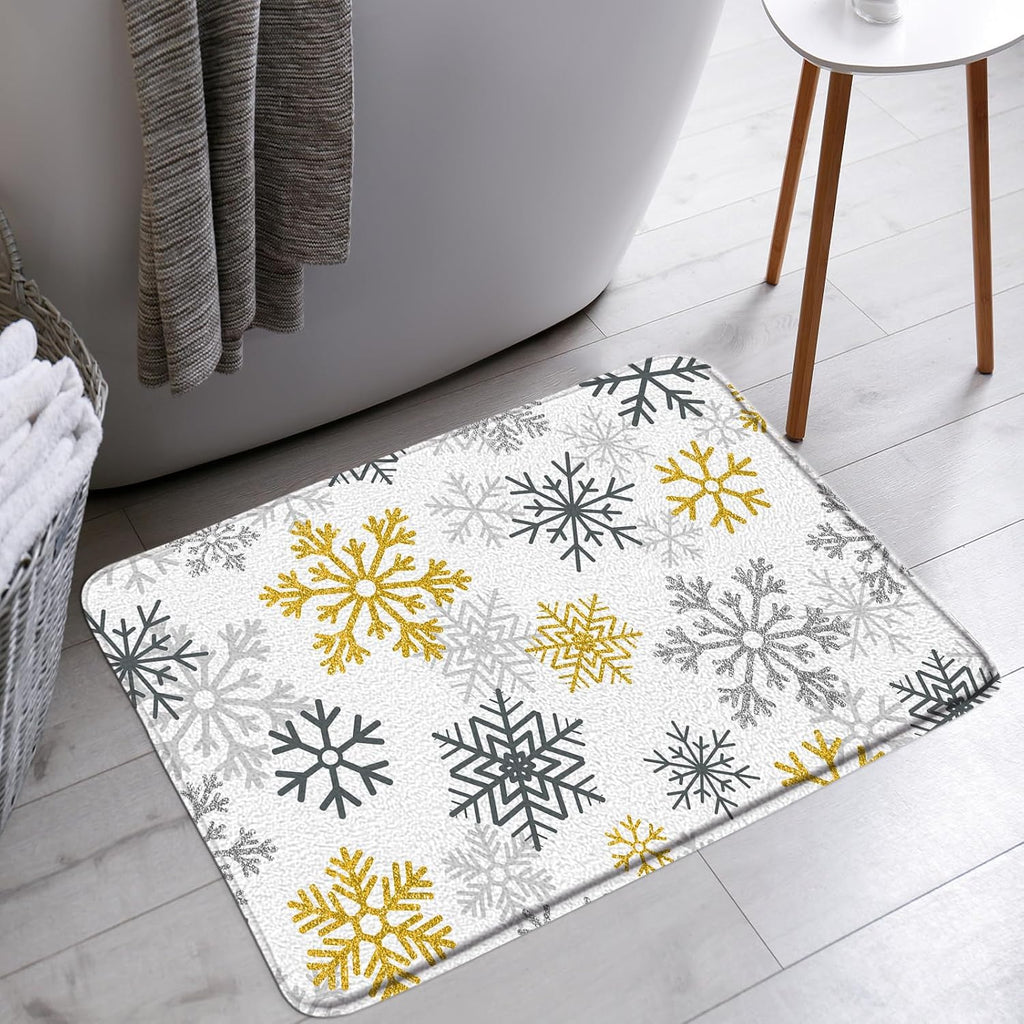 Yellow Snowflake Bath Mat Grey Christmas Modern Winter Holiday Happy New Year Bathroom Bathtub Floor Area Rugs Doormat Toilet Decor(16x24 in)