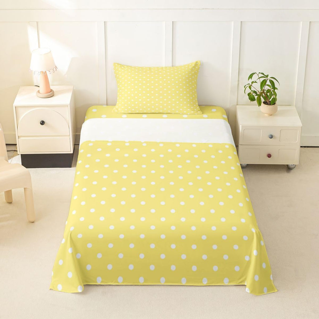 Lemon Yellow Polka Dot Bed Sheets Set Twin Size Cute Polka Dot Bed Set for Kids Boys Girls Simple Fashion Sheet Set Kawaii Style,1 Fitted Sheet+1 Pillow Sham+1 Flat Sheet