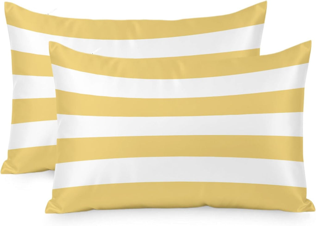 Lemon Yellow Striped Pillow Cases Standard Size Set of 2, Modern Yellow Stripes Farmhouse Satin Pillowcase with Zipper for Hair/Skin, Decorative Pillow Covers for Bed/Couch/Sofa, 20x26 Inches