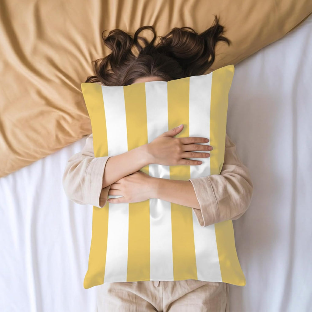 Lemon Yellow Striped Pillow Cases Standard Size Set of 2, Modern Yellow Stripes Farmhouse Satin Pillowcase with Zipper for Hair/Skin, Decorative Pillow Covers for Bed/Couch/Sofa, 20x26 Inches