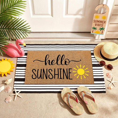 2 Pcs Summer Coir Doormat Outdoor, Hello Sunshine Mats, Non Slip
