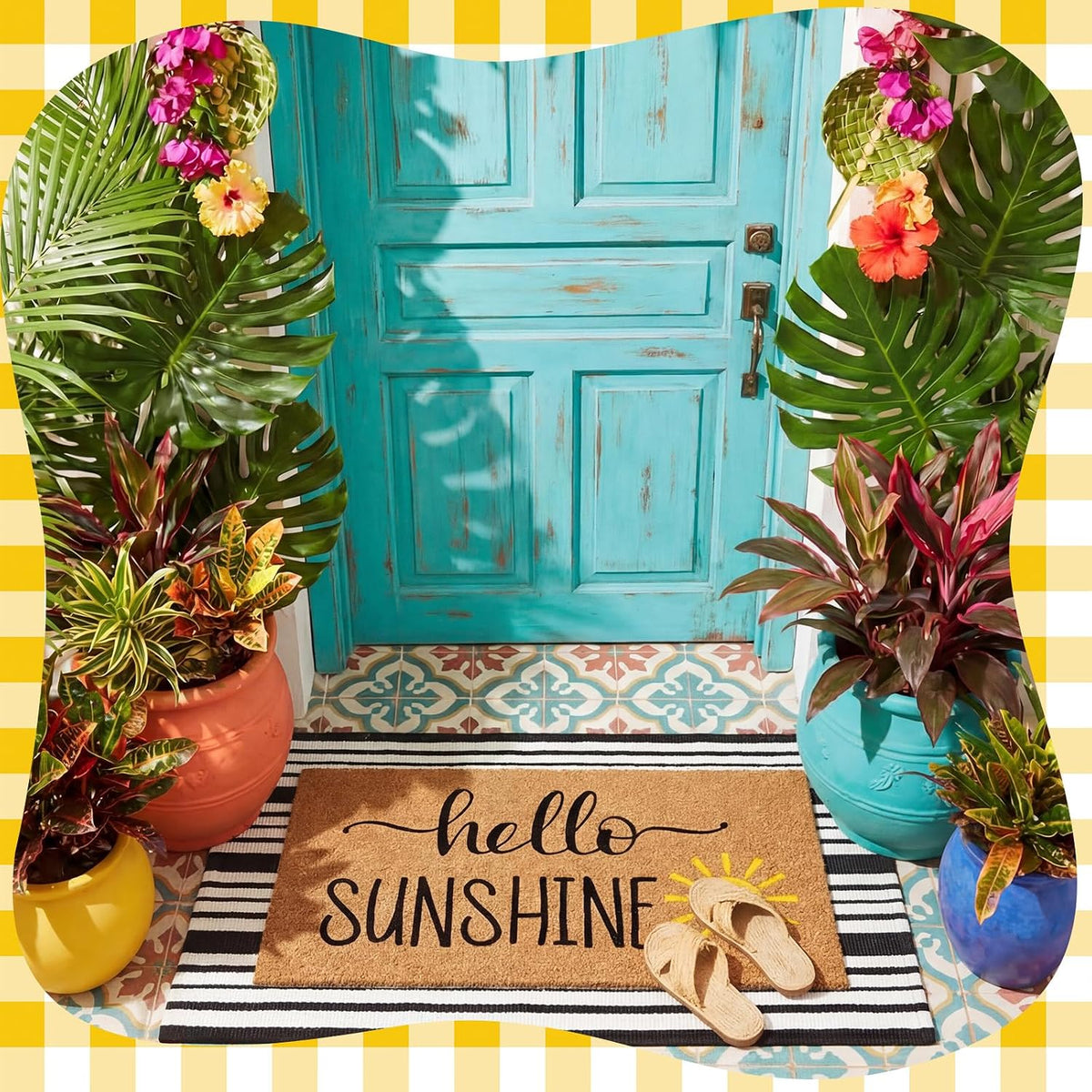 2 Pcs Summer Coir Doormat Outdoor, Hello Sunshine Mats, Non Slip