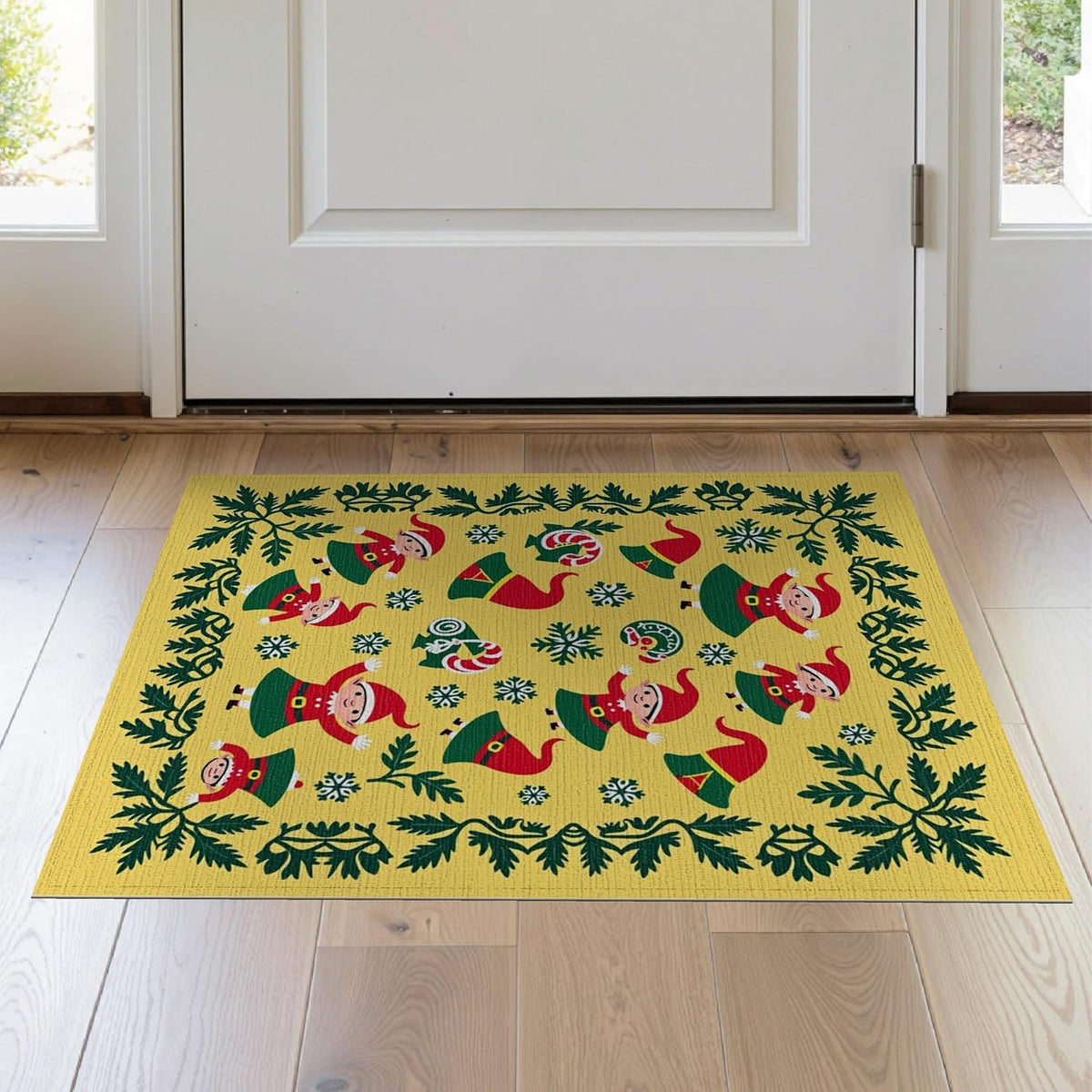 Flatwoven High Traffic Area Rug 2x3, Christmas Elf Bathroom Featuring Jolly Winter Woodland Characters, Non Slip, Stain Resistant, Washable Area Rugs for Living Room, Bedroom (Yellow, 2x3)