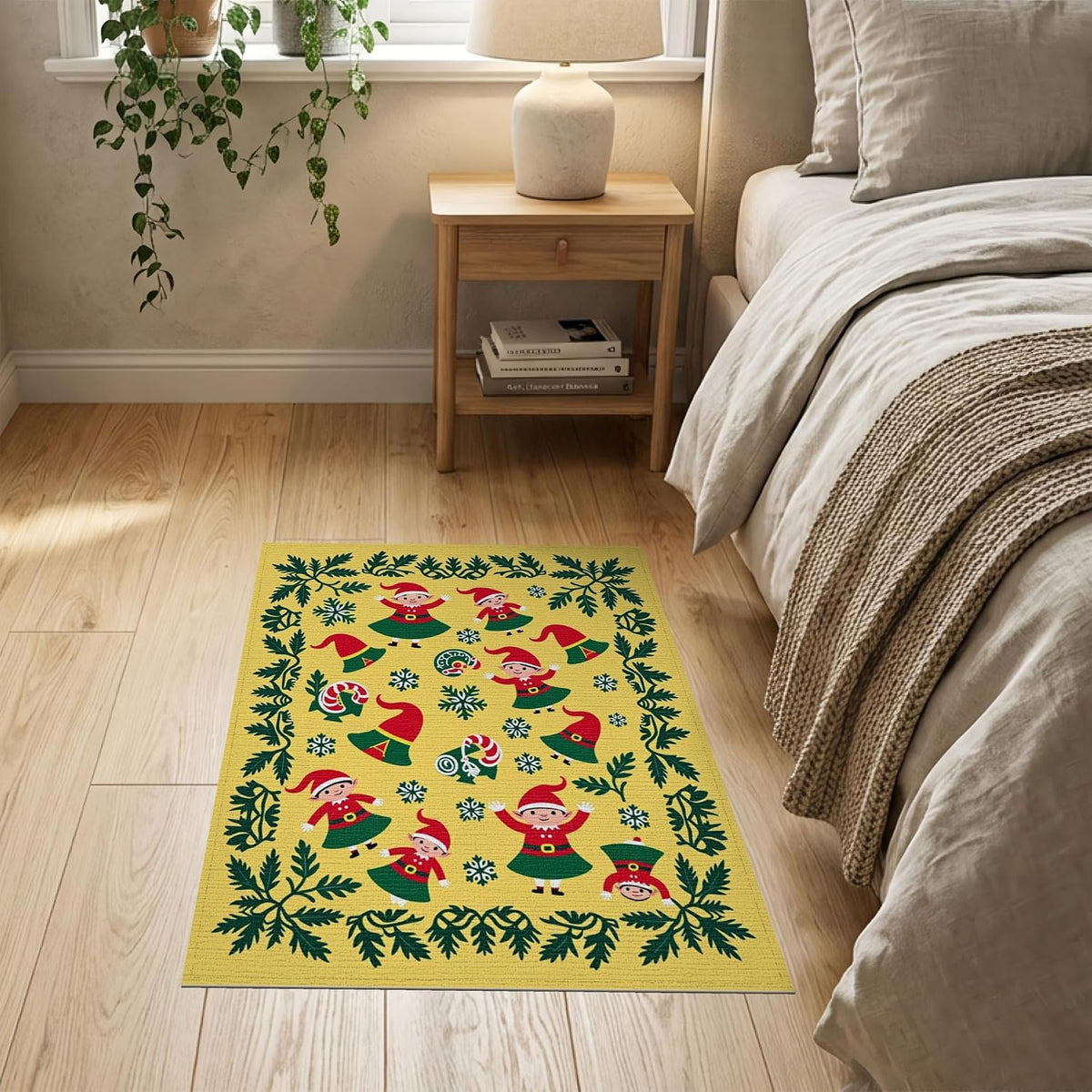 Flatwoven High Traffic Area Rug 2x3, Christmas Elf Bathroom Featuring Jolly Winter Woodland Characters, Non Slip, Stain Resistant, Washable Area Rugs for Living Room, Bedroom (Yellow, 2x3)