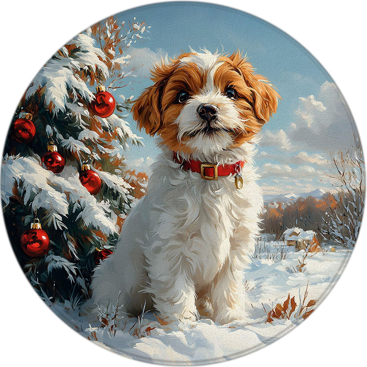 Winter Dog Round Rug 2ft-Cute Dog Xmas Pine Tree Ball Snowy Forest Yellow Leaves Snowflake Pet Snow Holiday Bathroom Rug Microfiber Memory Foam Area Rugs for Living Room Kitchen Bath Floor Rugs
