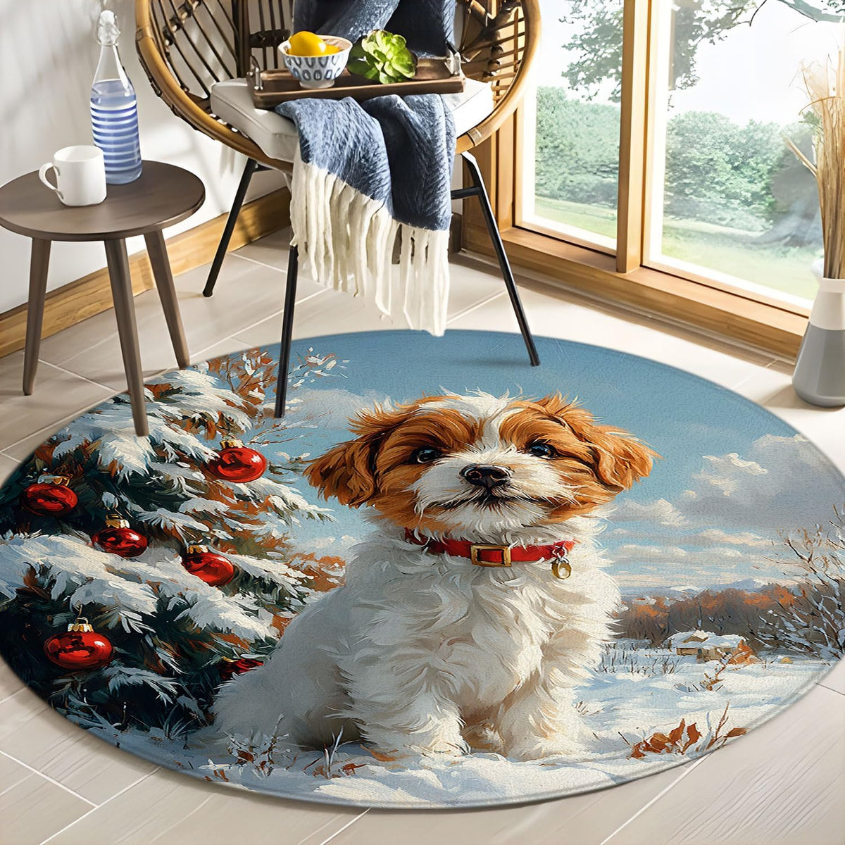 Winter Dog Round Rug 2ft-Cute Dog Xmas Pine Tree Ball Snowy Forest Yellow Leaves Snowflake Pet Snow Holiday Bathroom Rug Microfiber Memory Foam Area Rugs for Living Room Kitchen Bath Floor Rugs